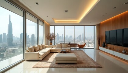 Luxurious Dubai apartment living room with panoramic city views. Cream sofa, modern furniture in open space layout, large window. Bright, airy interior design, contemporary urban home. Wealthy
