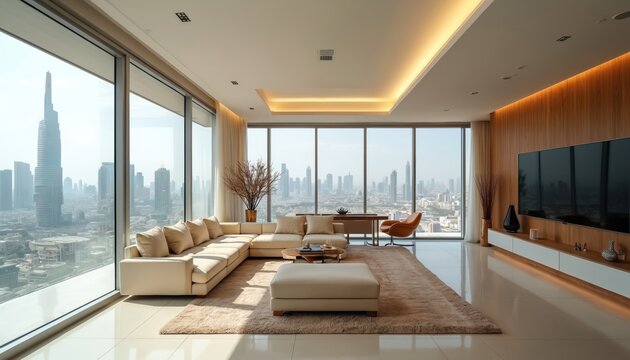 Luxurious Dubai apartment living room with panoramic city views. Cream sofa, modern furniture in open space layout, large window. Bright, airy interior design, contemporary urban home. Wealthy