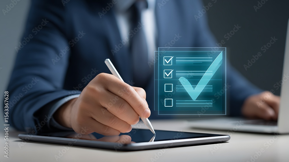 Aufkleber businessman using a stylus on a tablet to complete a digital checklist with glowing checkmarks and p
