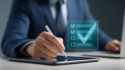 Businessman using a stylus on a tablet to complete a digital checklist with glowing checkmarks and progress bars