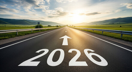 Road to new year symbol with "2026" and an arrow, symbolizing future aspirations, new beginnings, and the journey ahead under a hopeful sky