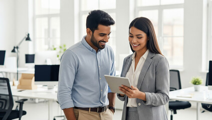 Two smiling diverse colleagues collaborate in a modern office, looking at a tablet. Represents teamwork, professional discussion, and digital communication in a positive work environment