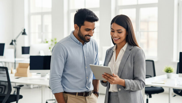 Two smiling diverse colleagues collaborate in a modern office, looking at a tablet. Represents teamwork, professional discussion, and digital communication in a positive work environment