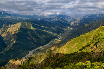 Picturesque landscape with the headwaters of the Chilik River in the mountains of the northern Tien...