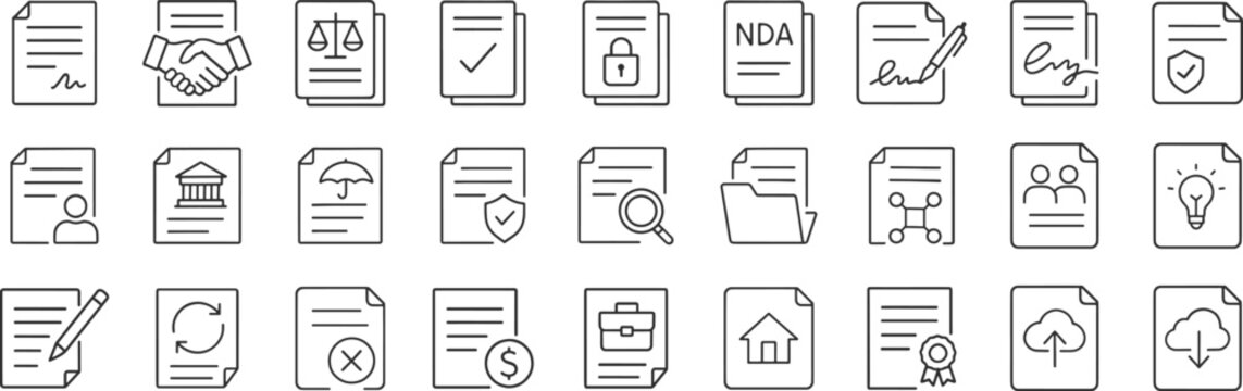 Business contract and legal agreement document line icons. Set includes NDA, digital signature, compliance, license, insurance, payment terms and upload-download paper vector illustration.