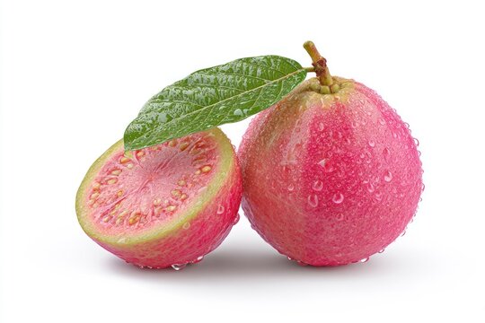 Two guava fruits one cut in half sit together adorned with water droplets and a green leaf all set against a white background