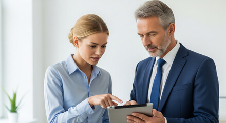 Two professionals, a mature man and a young woman, collaborating while using a tablet in a modern office, signifying teamwork, mentorship, and digital business strategy