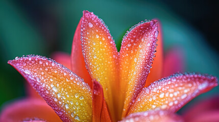 Vibrant red petals adorned with dew drops on blooming flower. Macro nature background