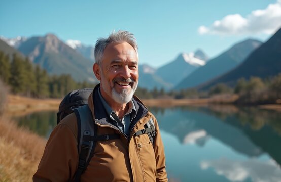 Happy older man stands in mountain natural park near lake. Mature hiker wearing backpack enjoys scenic view. Hiking, active lifestyle concept. Travel, adventure, leisure.