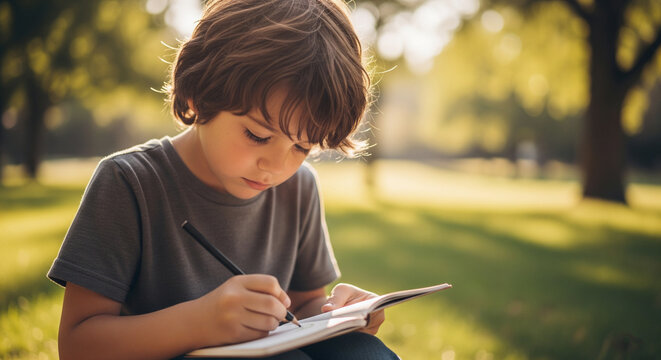A young boy with focused expression draws or writes in a notebook outdoors, capturing childhood creativity, learning, and quiet moments in nature