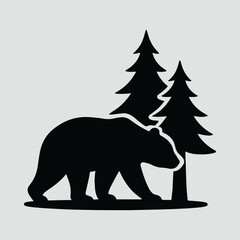 Silhouette bear walking through forest of evergreen trees vector illustration