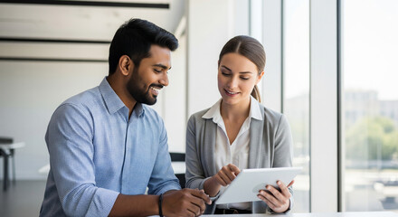Two diverse professionals collaborate, smiling and using a tablet in a bright office