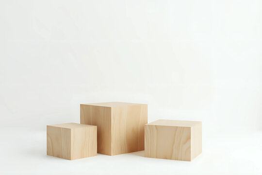 Wooden square cube podium stages of wood block platforms, vector mockup on white background. Product display podiums of three realistic wooden cubes for exhibition display. 3d rendering.