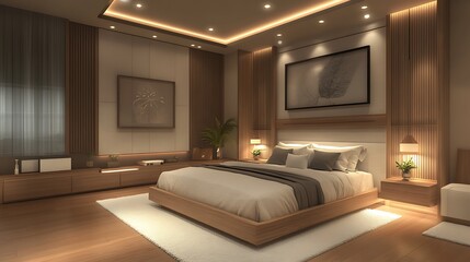 Trendy modern bedroom with natural wood elements, white linen textures, and smart lighting