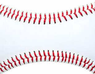 A detailed close-up reveals the iconic red stitching and pristine white leather of a classic baseball.