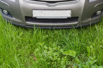 Front bumper of car, parked on meadow overgrown with grass