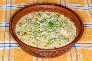 Sorrel soup sprinkled with fresh chopped dill in clay bowl