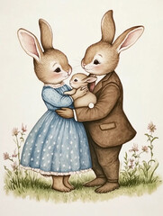 Vintage bunny rabbit family illustration new baby hare holding arms woodland nursery animal art print hand drawn retro cute character mom dad child decor pastel aesthetic shower gift neutral wall boho