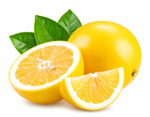 Vibrant yellow lemons with fresh green leaves offer a zesty burst of citrus flavor on a crisp white background.