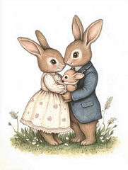 Bunny rabbit family art print father blue coat mother pink dress holding baby vintage woodland nursery decor animal illustration baby shower gift gender neutral kids room pastel aesthetic wall