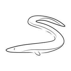 Minimalist black line drawing of an eel in motion, ideal for marine biology themes, seafood menus, aquarium graphics, educational content, or aquatic-themed design assets.