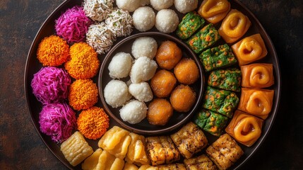 Assorted colorful Asian sweets arranged on a round platter
