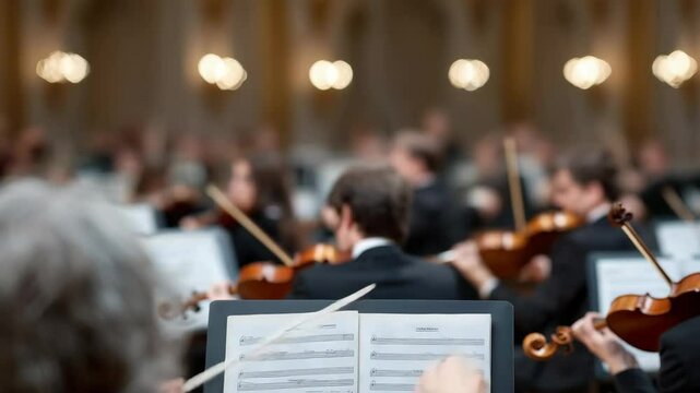 Conductor leads orchestra in synchronized symphony performance with dynamic precision