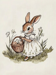 Vintage Easter bunny rabbit illustration girl dress basket eggs spring flowers hand drawn woodland animal art printable nursery decor boho aesthetic cute nature drawing clipart character design