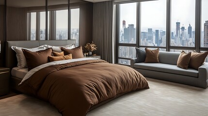 Ultra-modern brown-themed bedroom featuring rich linen textures, full front bed layout, creamy carpet, and statement grey couch near floor-to-ceiling city view window
