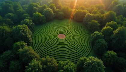Aerial view of circular hedge maze in green forest. Labyrinth design surrounded by trees, creating scenic landscape. Sunlight shines, creating peaceful, tranquil mood. Perfect for travel, adventure