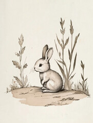 Vintage baby bunny rabbit sketch sitting field grass illustration neutral nursery art hand drawn woodland animal nature wildlife line art minimal aesthetic printable boho decor clipart sticker design