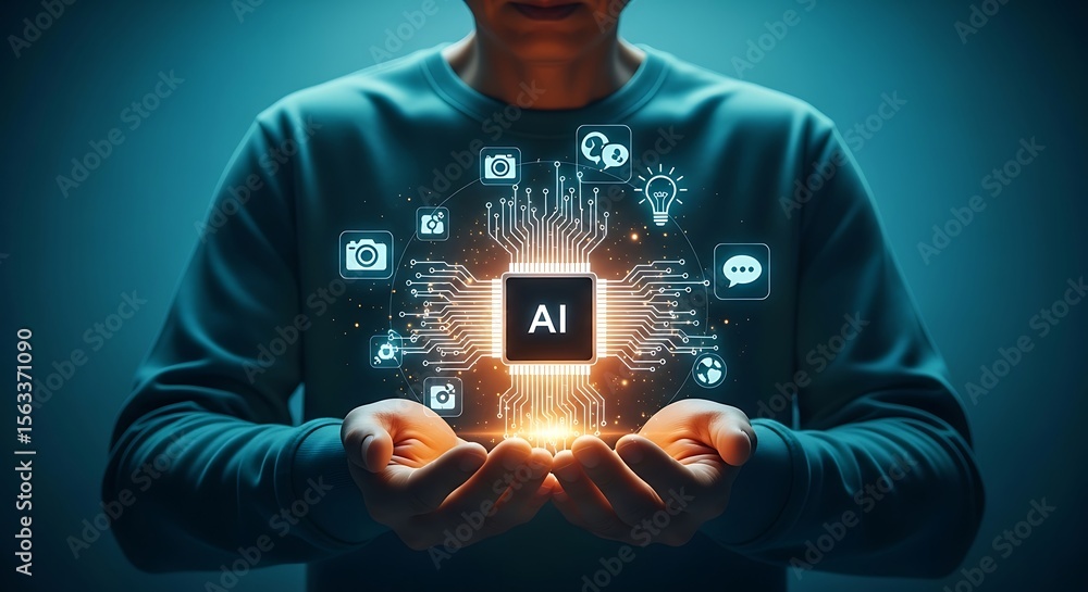 Poster man holding a glowing ai chip surrounded by ethereal circuit patterns and icons a beacon of teal lig