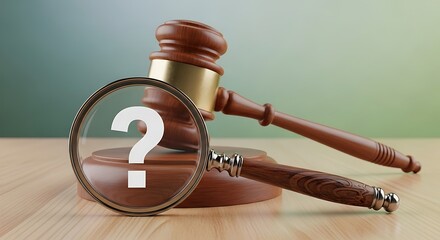Polished wood gavel rests alongside a magnifying glass amplifying a bold question mark on a light wooden surface mystery