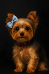 Adorable Yorkshire Terrier dog with blue bow and fluffy fur sitting against black background &ndash; AI generated portrait