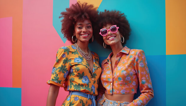 Two stylish young women pose vibrant 80s fashion outfits, bold patterns against geometric backdrop. Models wear retro accessories. Curly hair, makeup complete vintage aesthetic. Perfect for fashion