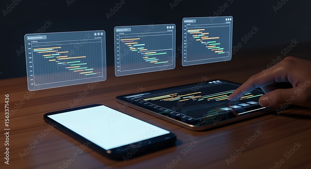 Aufkleber illuminated tablet displaying complex data graphs with warm light complemented by a modern phone and