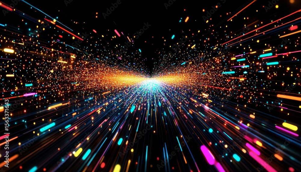 Poster futuristic digital matrix background with colorful stream visualization and geometric tech patterns