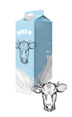 Vector hand drawn illustration. Milk pack with hand drawn head of a cow.