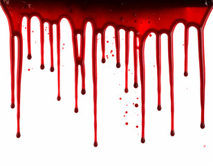 Vivid crimson liquid drips and splatters dynamically against a stark white background, creating a dramatic and intense