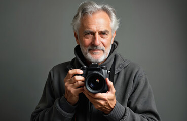 Fototapeta premium Senior grey-haired man with camera looking at the viewer. Retired freelance photographer in casual attire. Pro photo journalism. Portrait studio shot on gray background.