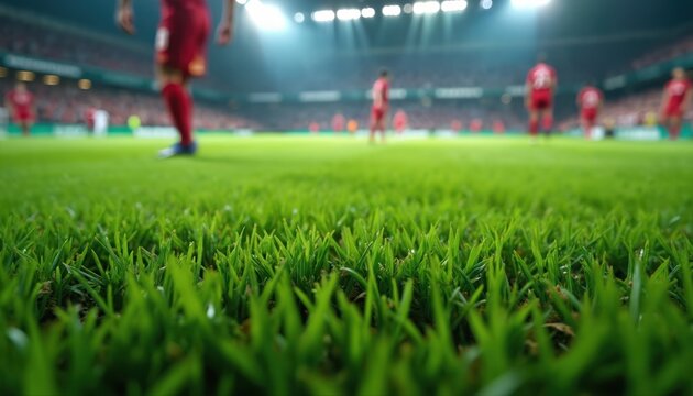 Close-up of vibrant green grass on football field. Players in red jerseys blurred background. Bright stadium lights illuminate game. Soccer, sports, competition, healthy lifestyle, pro athletes.