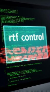 Close-up of a dark computer monitor screen with green python code scrolling. A neon teal pop-up "rtf control" glitches into red "ACCESS DENIED" text, flickering violently with digital noise & screen