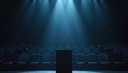 Empty stage with microphone podium in front of audience seats. Conference hall with spotlight illumination. Presentation, speech, talk, seminar. Public event, forum congress. Black background, dark