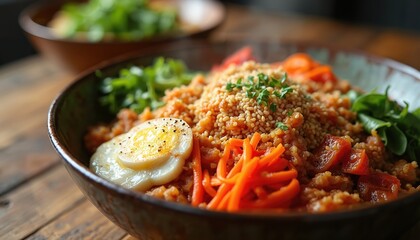 Close-up of delicious bibimbap, traditional Korean dish with rice vegetables, fried egg, sesame seeds. Rustic kitchen presentation, culinary delight, wholesome meal for lunch. Vibrant colors.