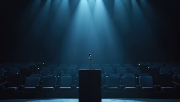 Empty stage with microphone podium in front of audience seats. Conference hall with spotlight illumination. Presentation, speech, talk, seminar. Public event, forum congress. Black background, dark