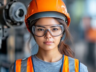 selective focus asian woman warehouse worker wearing helmet and safety vest