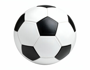 A classic black and white soccer ball, perfectly round and ready for play, isolated on a clean white background.