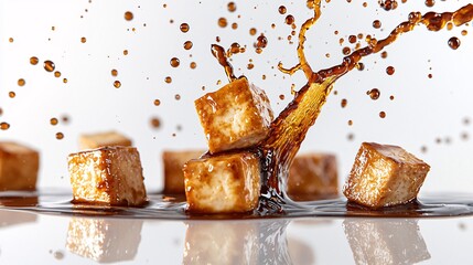 Sweet soy glaze splashing onto crispy tofu cubes, its reflective finish adding a sophisticated touch, isolated on white background,
