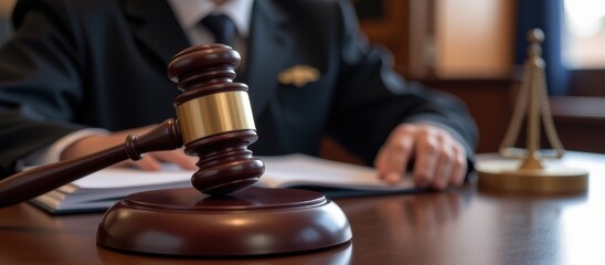 A gavel on a desk, symbolizing law and justice in a courtroom setting.