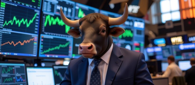Businessman with a bull mask amidst stock market screens. - Powered by Adobe